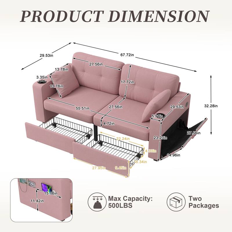 Sofas, Couch Set, 3 Seats Sofa, USB Charging,Wood Frame, Easy to Install, with Storage, Charging Station, Cup Holder