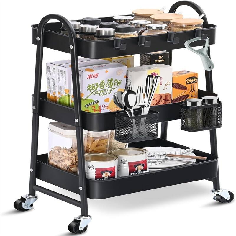 Tier Rolling Cart Metal Rolling Storage Cart with Handle and Lockable Wheels - 12.05"D x 17.52"W x 31.26"H