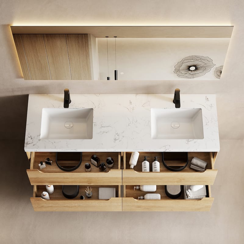 Prismis 60" 72" 84" Wall-Mount Premium Bathroom Vanity with Quartz Top