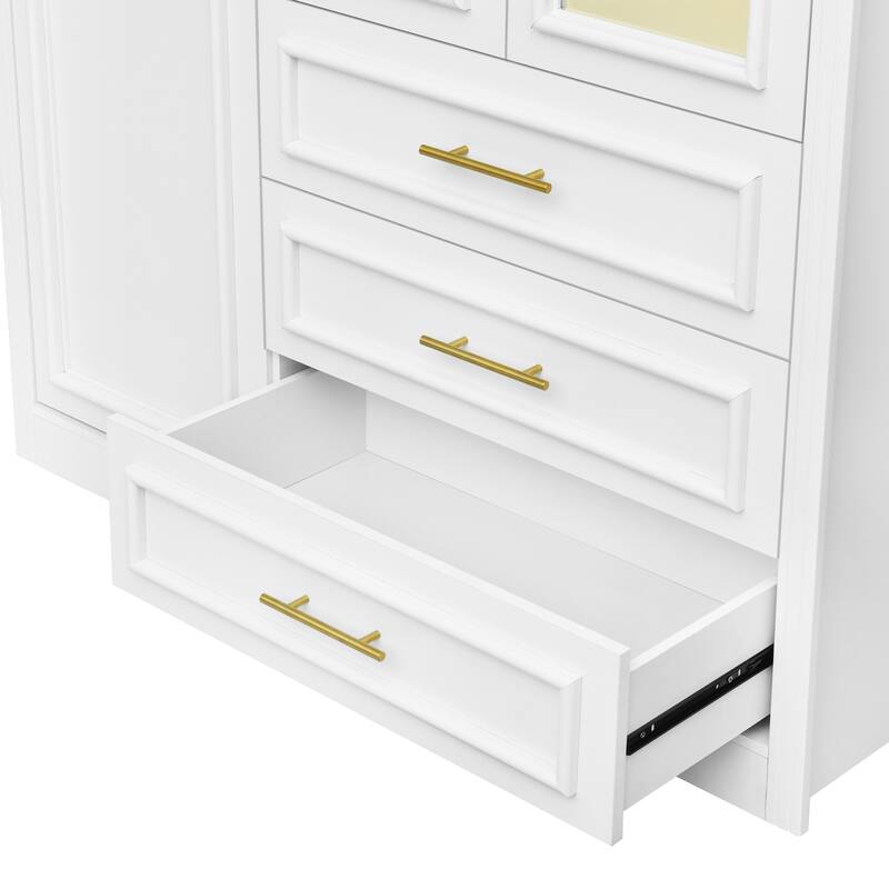 3 Door Wardrobe Built-in LED Light Clothes Storage Cabinet / 3 Drawers White Armoire Closet