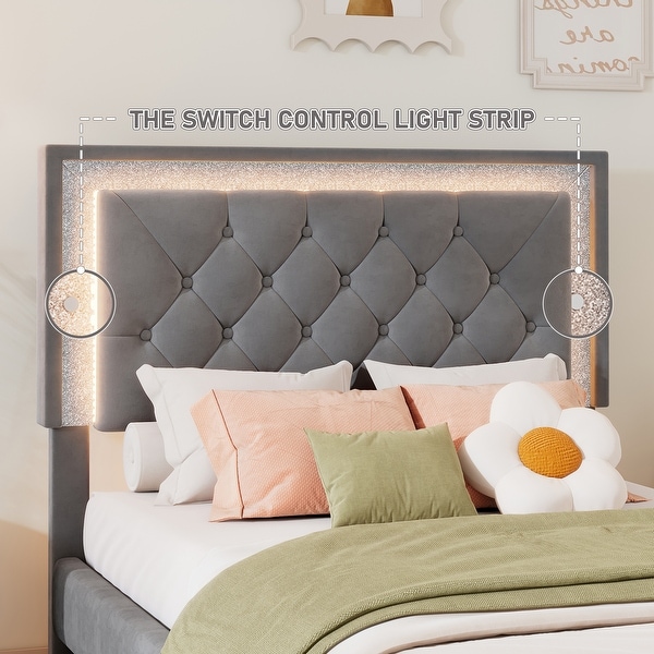 Grey Velvet Upholstered Platform Bed with Built in LED Lights Tufted Headboard Twin Size Panel Bed Frame for Bedroom Grey