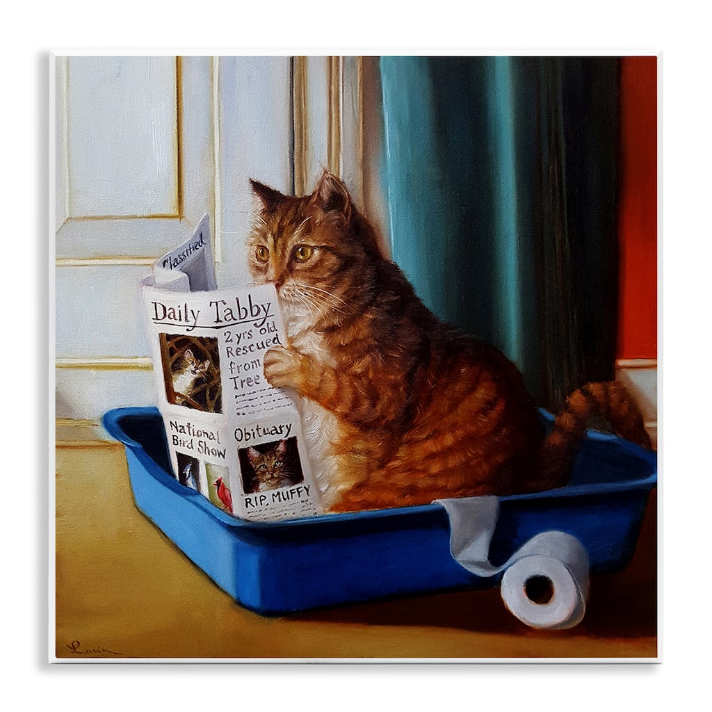 Stupell Litter Box Reading Funny Cat Pet Painting,12x12, Wood Wall Art