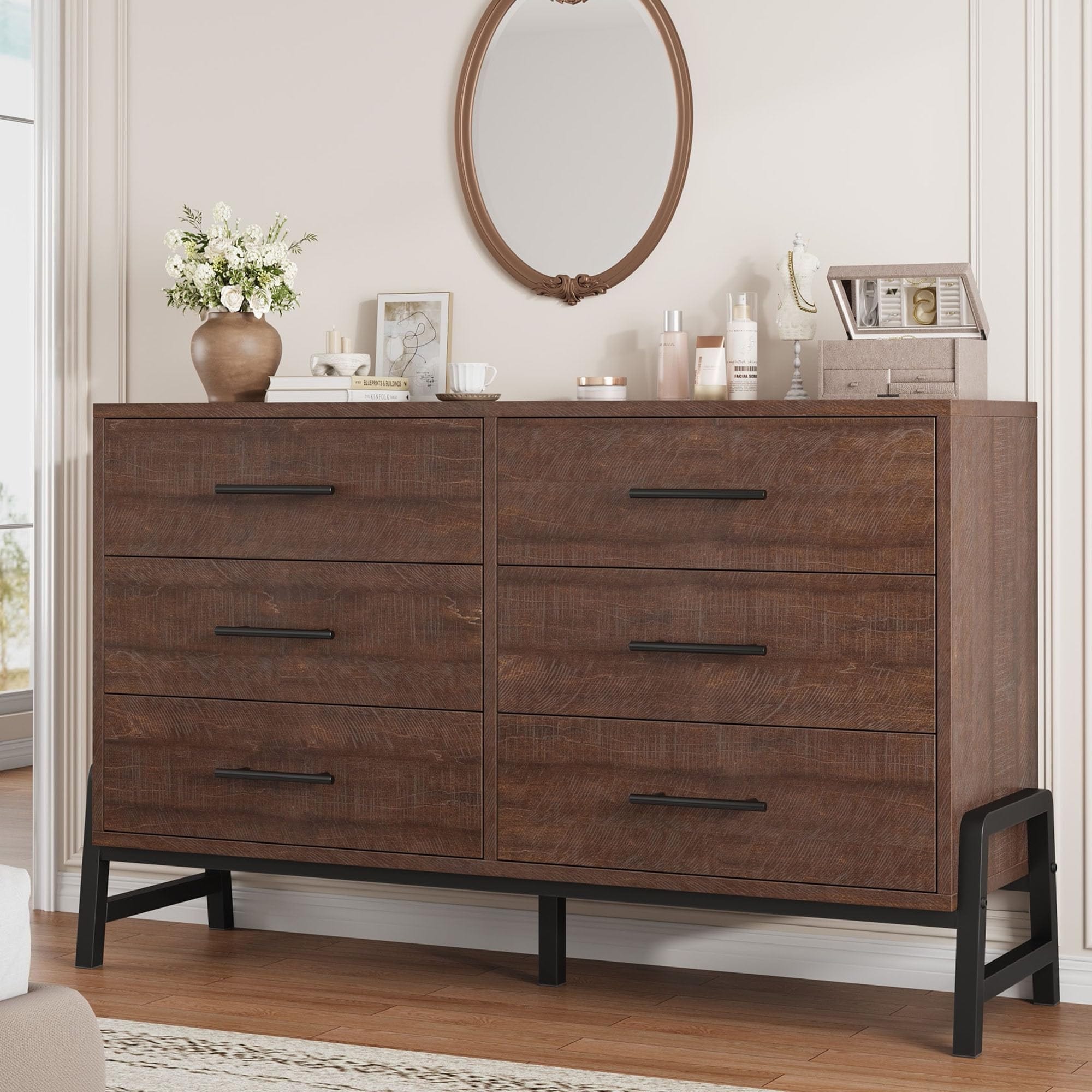 6 Dresser for Bedroom, 52 in Wide Drawer with Large Storage Space, Freestanding Wooden Closet Storage Dresser Chest