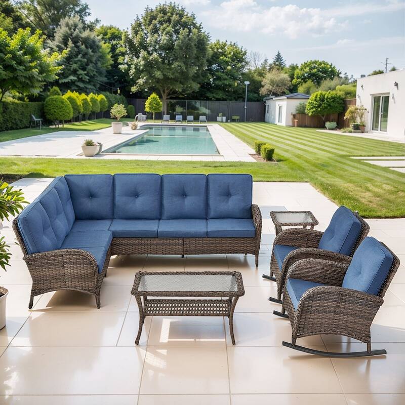Gymojoy L-Shaped Outdoor Sectional Sofa Set, PE Wicker Couch with Water-Resistant Olefin Cushions - 5-Piece included Rocking Chairs - Blue
