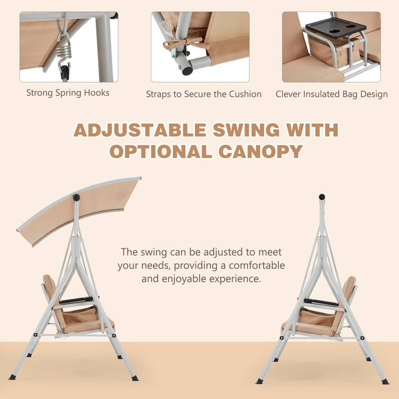 Outdoor Swing with Stand, Canopy, Pivot Table & 2 Cup Holders - Patio, Balcony, Bedroom