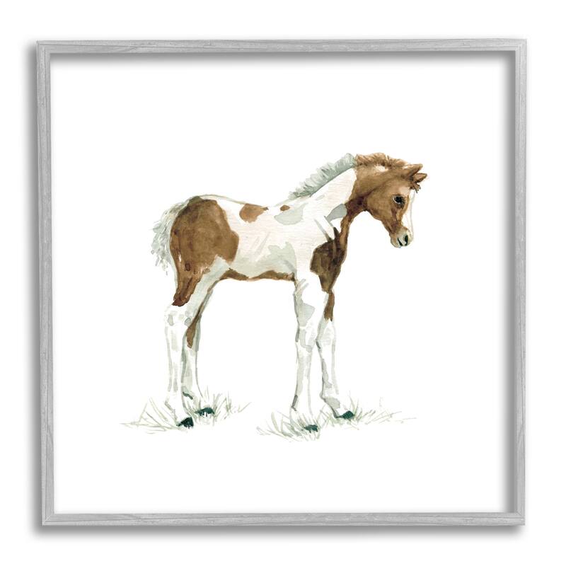 Stupell Young Farm Horse Minimal Country Animal over White Framed Wall Art - Brown - 24 x 24 - Grey