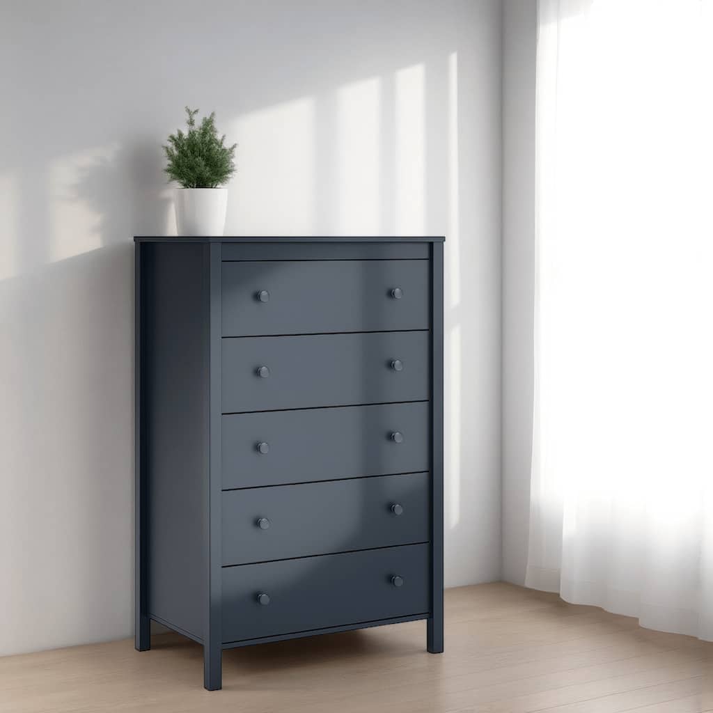 Cian Tall Dresser Chest, 5 Drawers, Knobs, Navy Blue Wood, 50 Inch