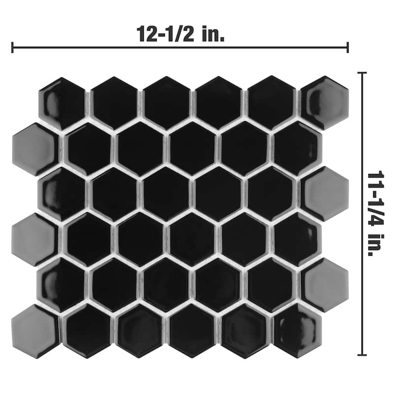 Merola Tile Hudson Due 2" Hex Glossy Black 10-7/8" x 12-5/8" Porcelain Floor and Wall Tile