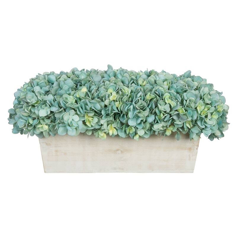 Faux Hydrangeas in White Wood Washed Ledge Planter - Teal