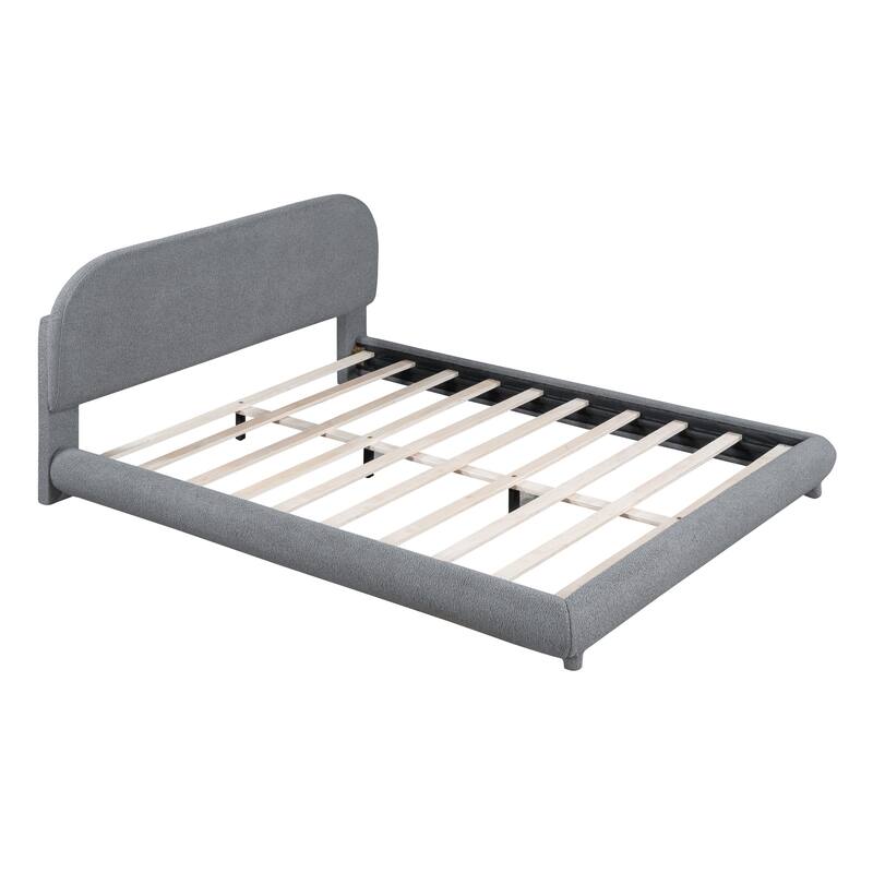 Queen Size Curve-shaped Teddy Fleece Upholstered Platform Bed Thick Fabric Low Profile Bed Solid Wood Frame, Gray