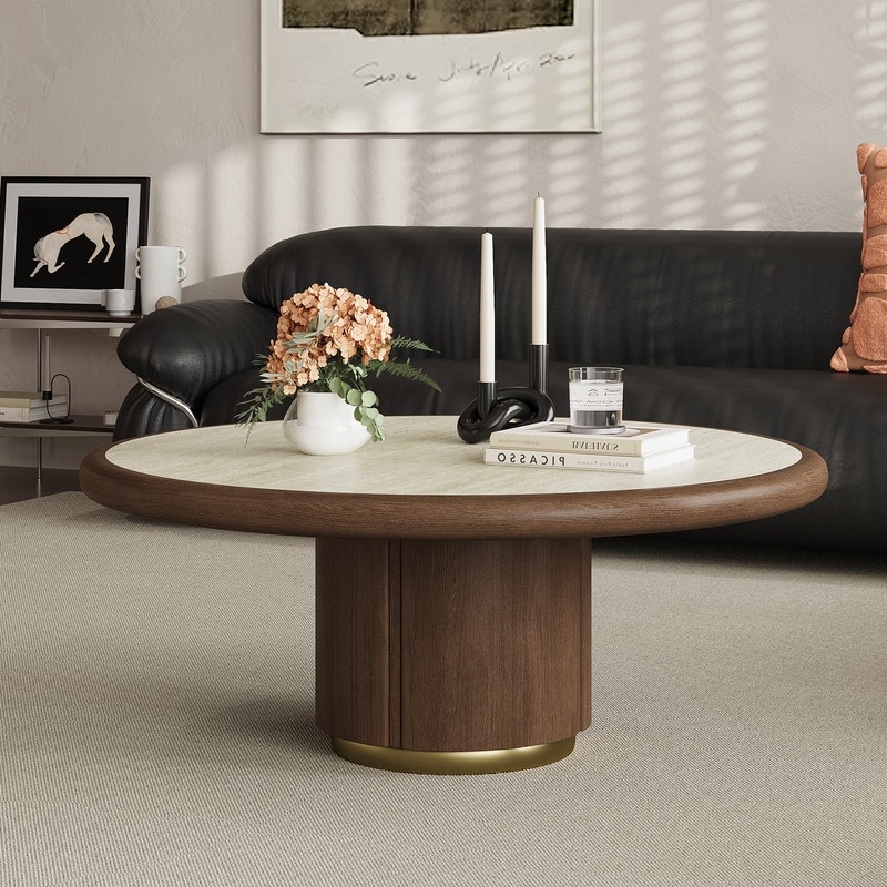 36" Round Coffee Table with Travertine Sintered Stone Top, Walnut Veneer Pedestal Center Table with Gold-Plated Stainless Steel