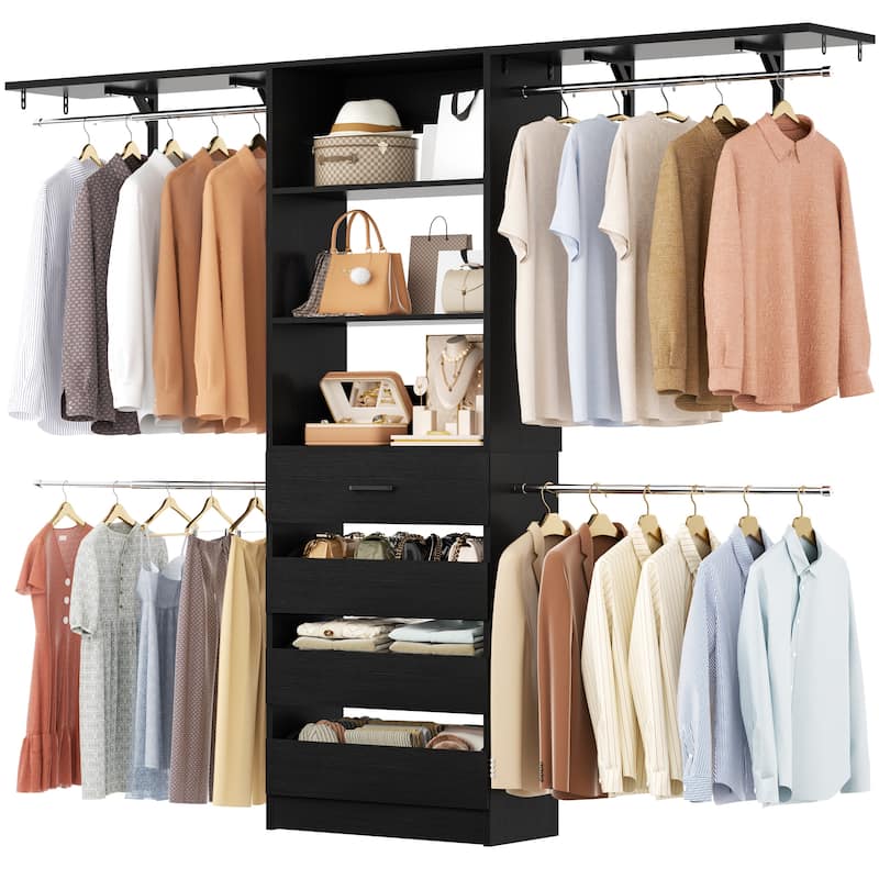 96'' Closet Organizer System with Wood Drawers, Wardrobe with Storage Shelves and 4 Hanging Rods