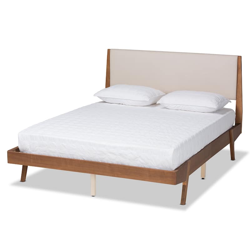Senna Mid-Century Modern Fabric Upholstered Wood Platform Bed in Beige - Queen
