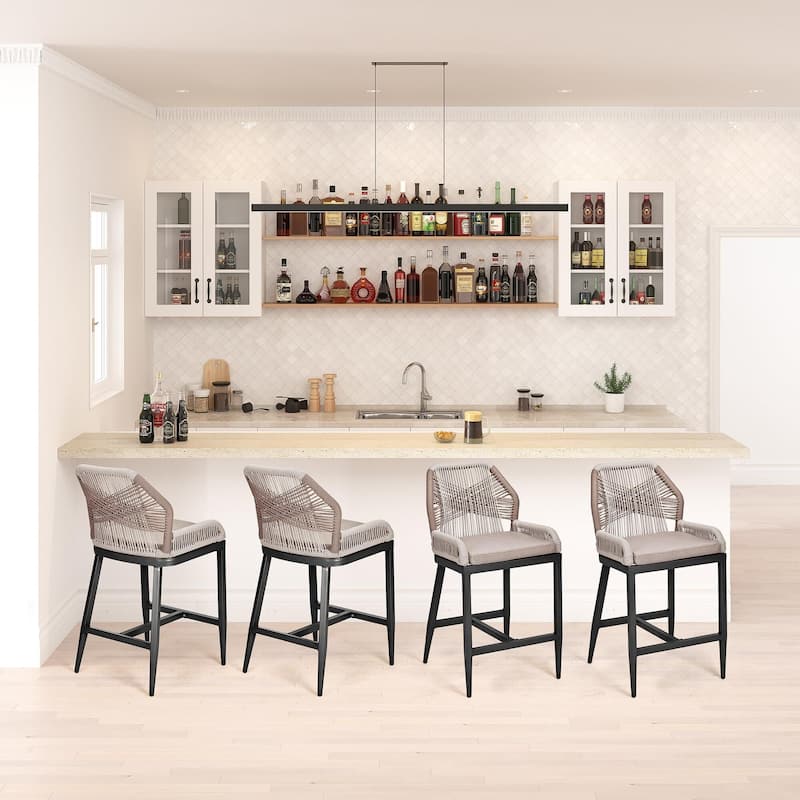 Counter Height Bar Stools Set of 2 Boho Rope Counter Height Bar Stools Rattan Woven Aluminum Modern Barstools