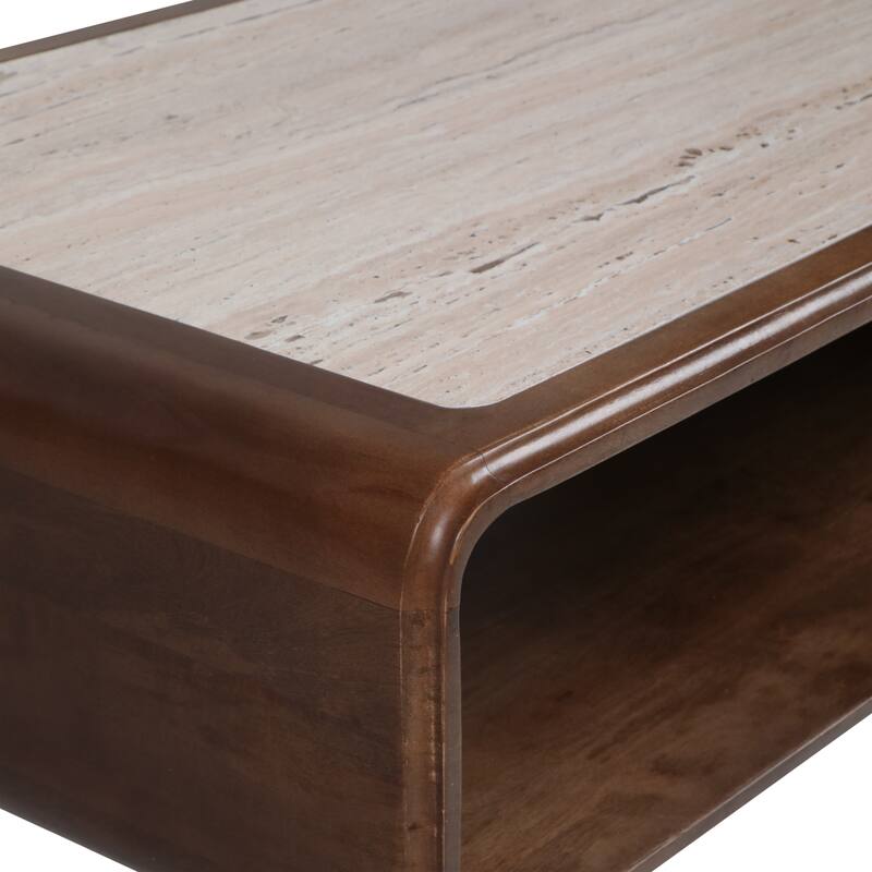 Wood and Travertine Console Table with Open Shelf and Curved Design
