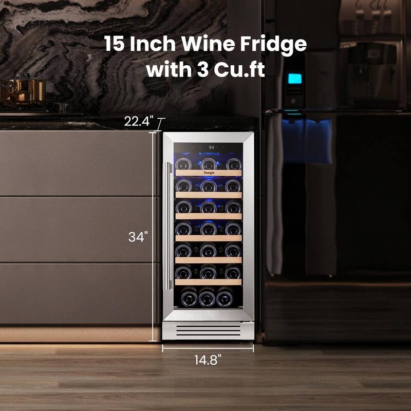 Yeego 14.8 in.33-Bottle Single Zone Wine Cooler Refrigerator Fridge with Built-In/Freestanding Design
