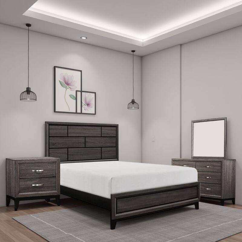 Ameya Four Pc Queen Bedroom Set, Black Metal Base, Dark Gray Wood with Printed Grains