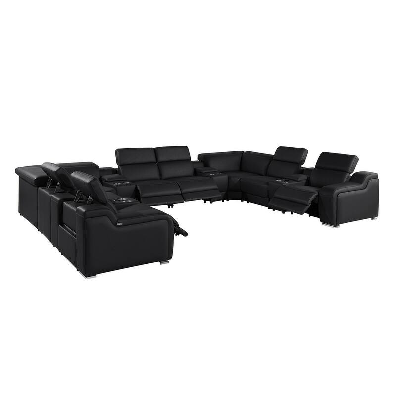HomeRoots Black Italian Leather Power Reclining U Shaped Twelve Piece Corner Sectional With Console