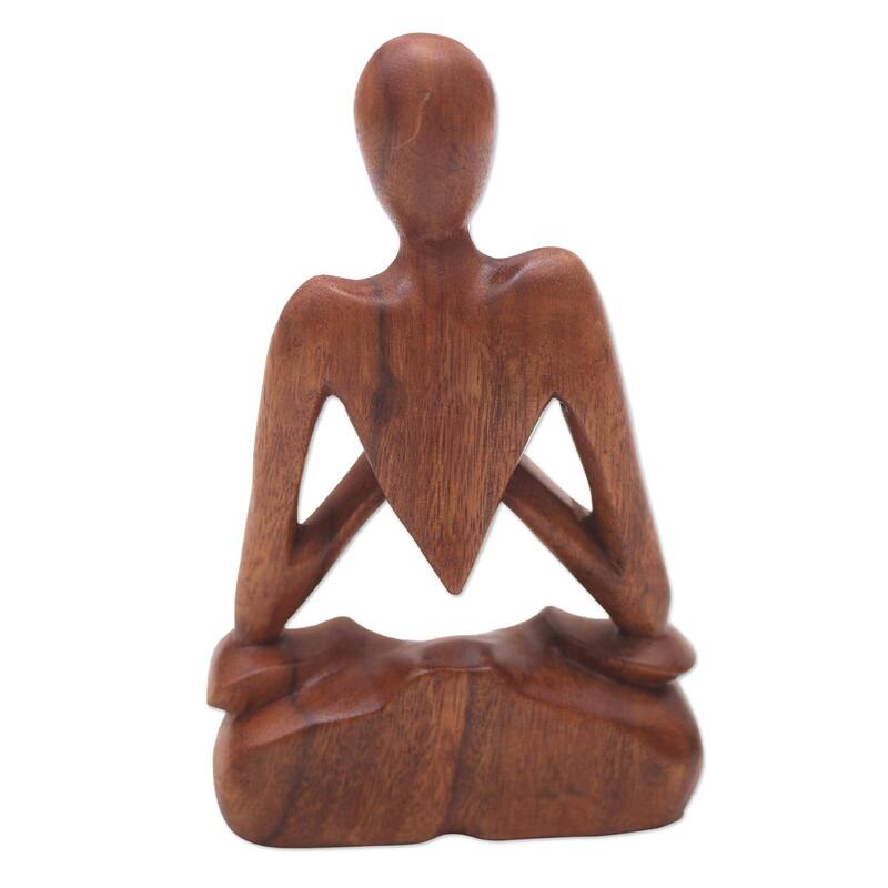 NOVICA Handmade Natural Meditation Wood Sculpture (Indonesia) - 7.75" H x 4.7" W x 1.4" D