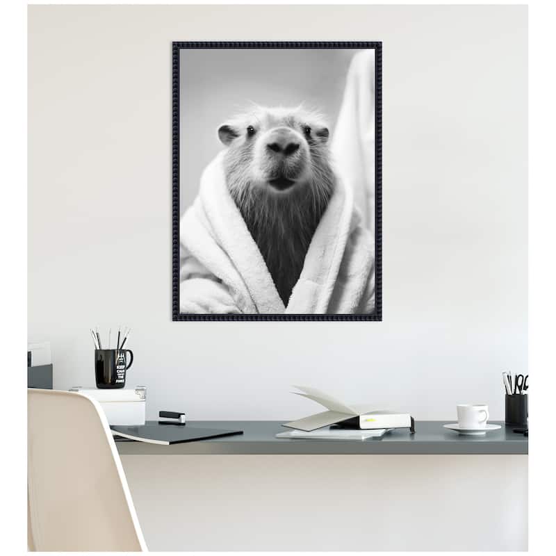 Kate and Laurel Sylvie Capybara Bathroom Art Towel Robe Black and White Framed Canvas by The Creative Bunch Studio