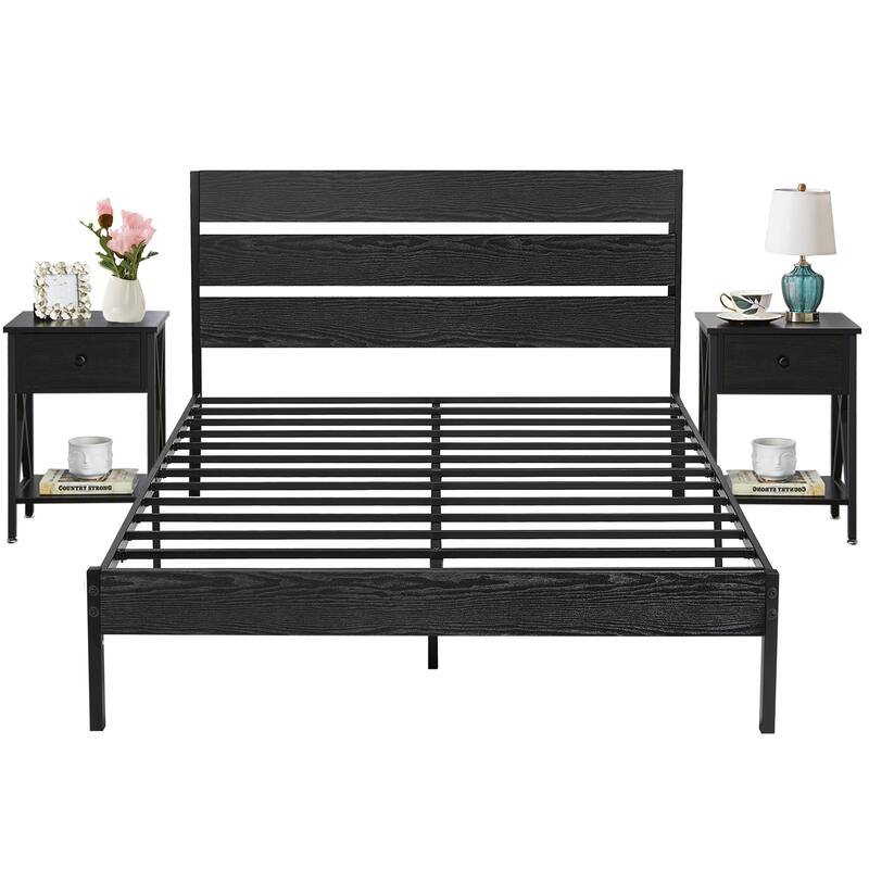 3-Pieces Bedroom Set Queen Size Platform Bed Frame and Nightstands Set of 2,Black Set