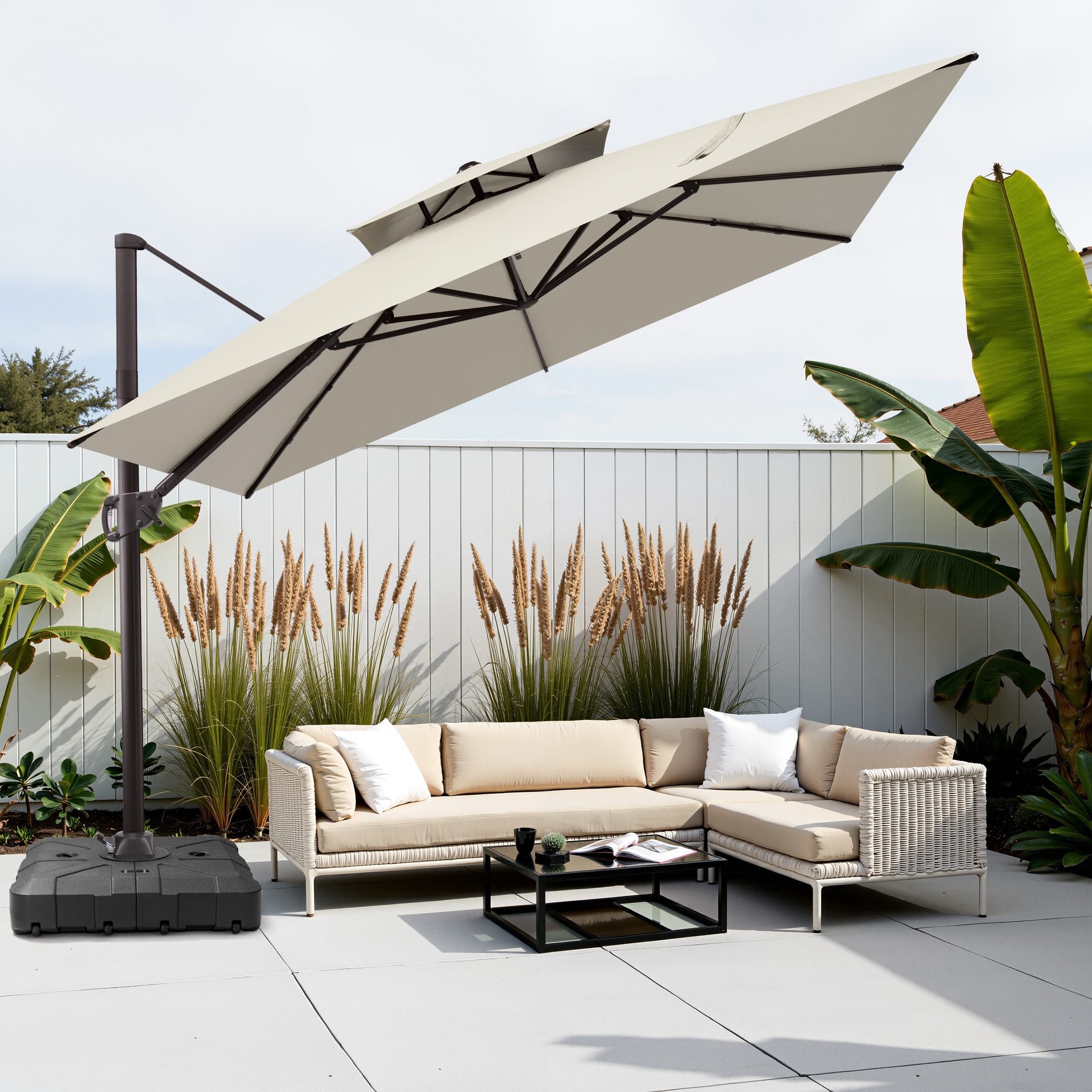 11 x 11 cantilever patio umbrella 11x11 ft Aluminum Double Top angle tilt system plus 360 rotation via the foot pedal make positioning shade flexible PURPLE LEAF 11 FT Square