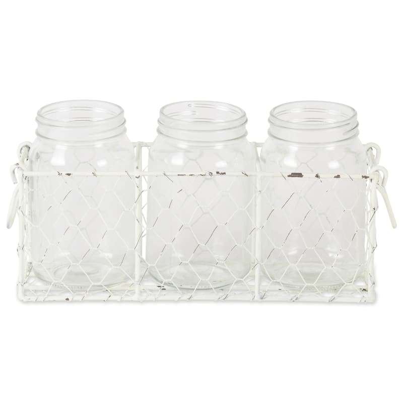 DII Vintage Grey Chickenwire Flatware Caddy With Clear Jars
