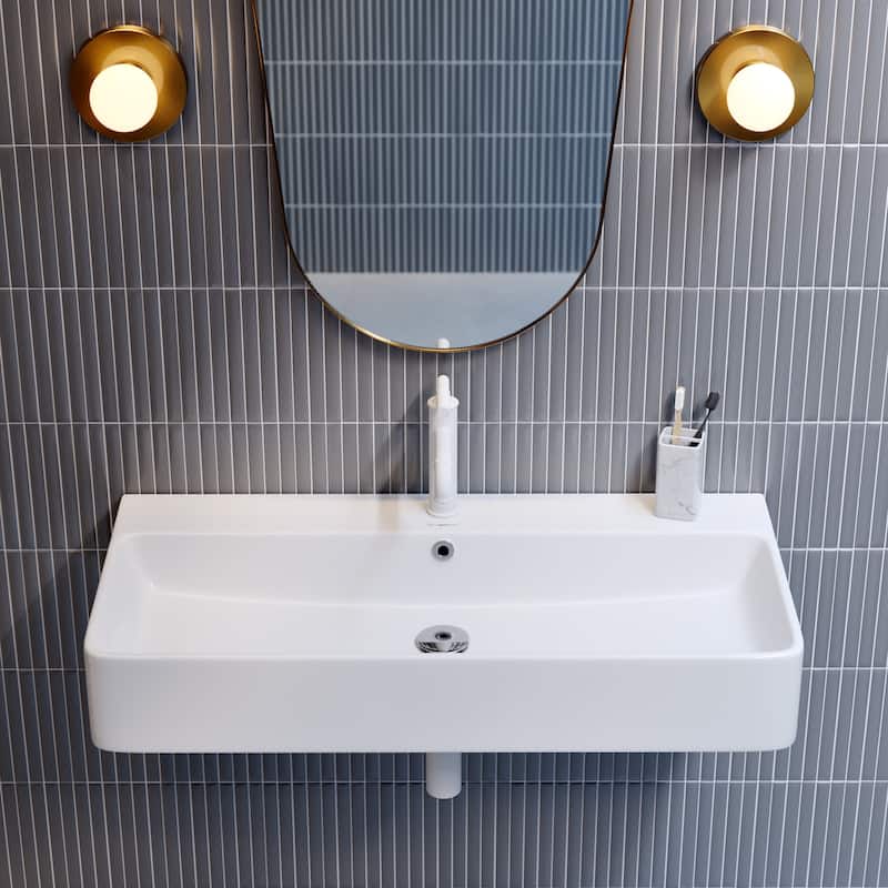 Carre 36” Rectangle Wall-Mount Bathroom Sink - 36x17 Center - 36x17 Center - White