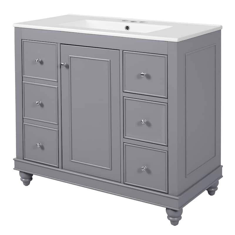 36" Bathroom Vanity with Ceramic Sink Combo, Solid Wood Frame Bathroom Cabinet