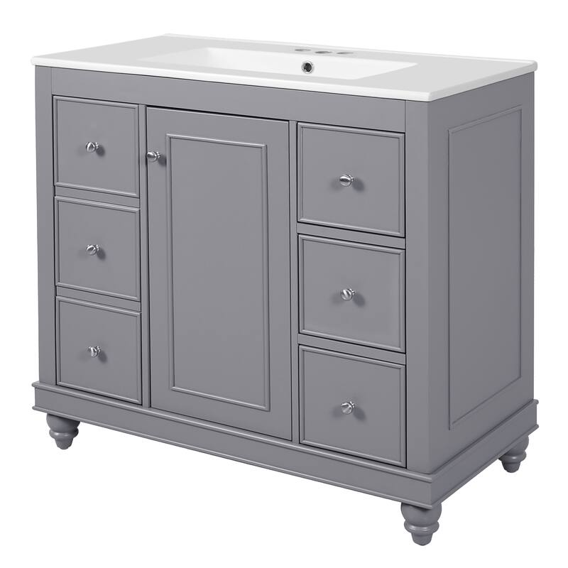 Bathroom Vanity Storage Cabinet with 4 Drawers, Removable Dividers, Adjustable U-shaped Shelf and Silver Handles