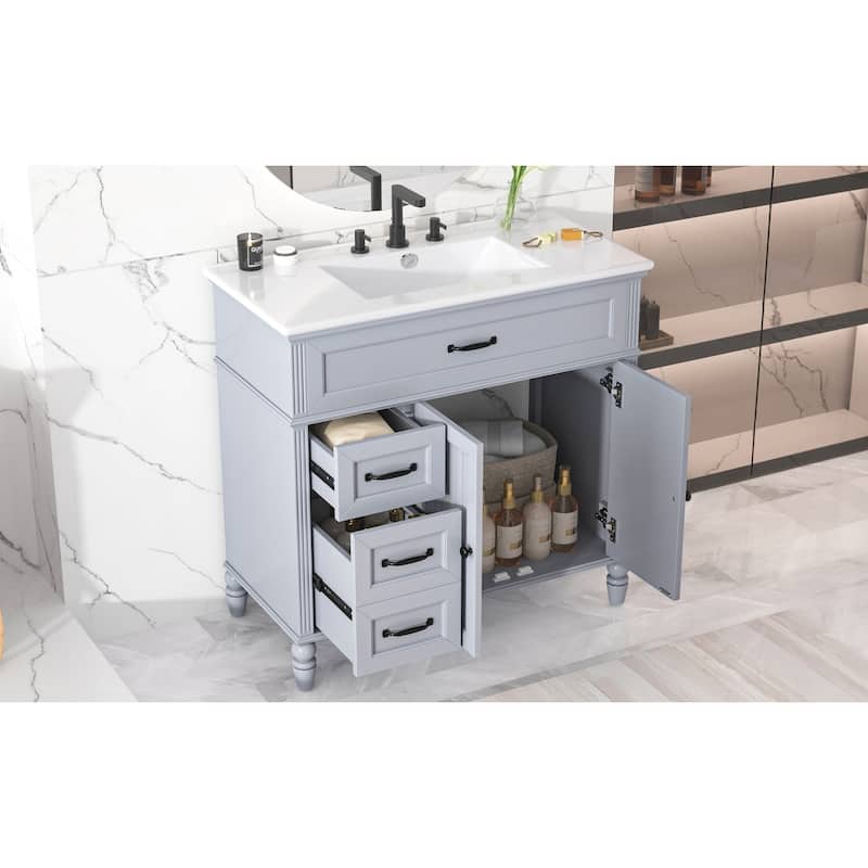White 36-Inch Bathroom Vanity with Gold Handles, Ample Storage, and Painted Finish