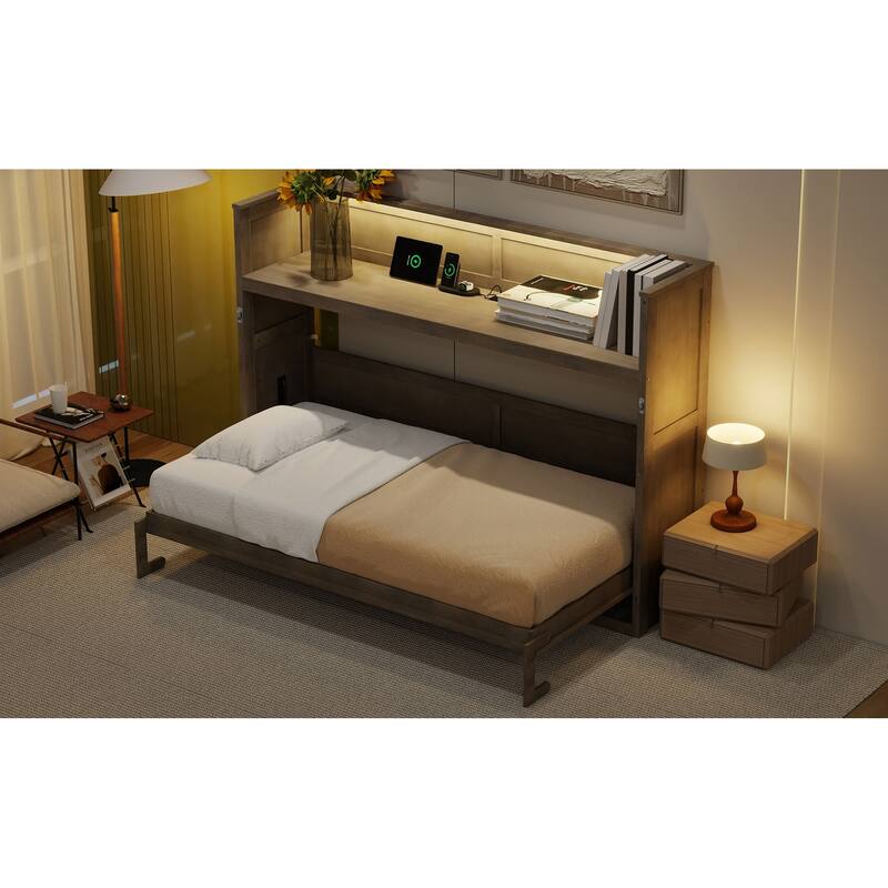2-in-1 Murphy Bed with Side Desk, LED Light and USB, Twin Size Bed