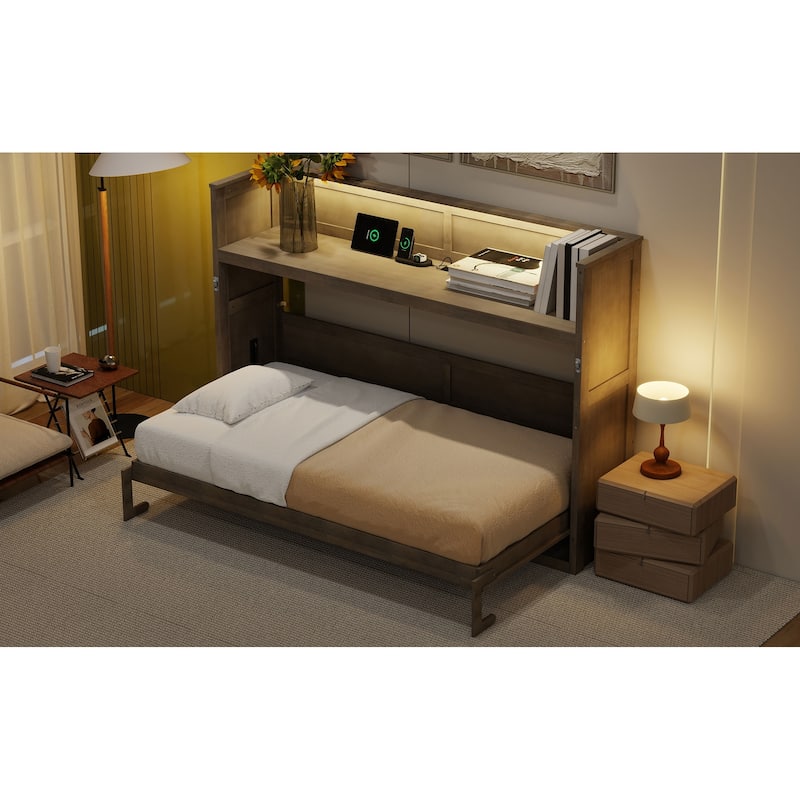 Twin XL Size LED Murphy Bed with Desk and USB Charging Station