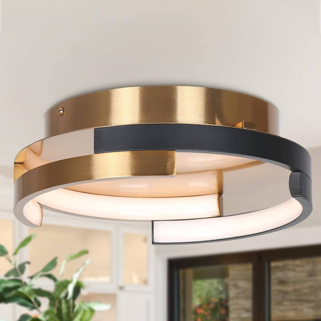 Modern 1-Light LED Integrated Metal Black Gold Drum Flush Mount Ceiling Lights - 12" D x 3.5" H