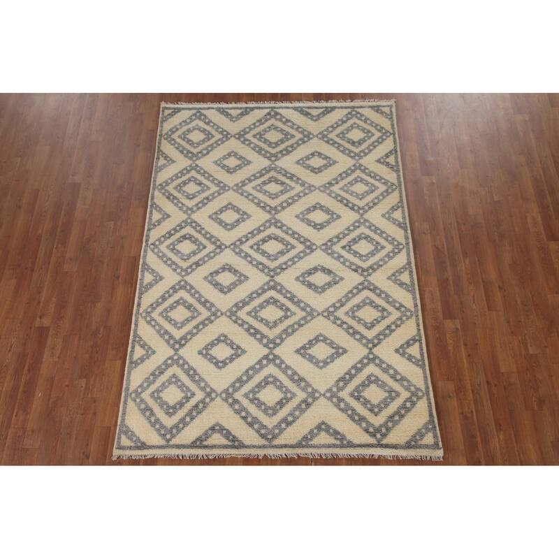 Hand Knotted Oriental 100% Wool Carpet Modern Geometric Beige & Ivories Moroccan Area Rug - 7' 8'' X 5' 3''