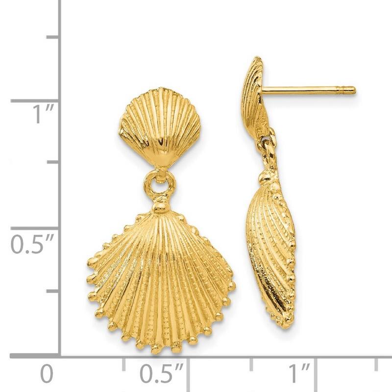 Curata 14k Yellow Gold Textured Scallop Shell Dangle Post Earrings 26x15mm