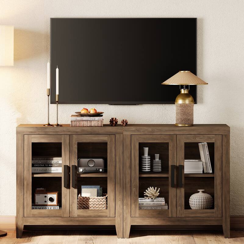 WAMPAT Modern Farmhouse TV Stand, Entertainment Center with Tempered Glass Doors & Adjustable Shelves - 63 inches in width - Brown