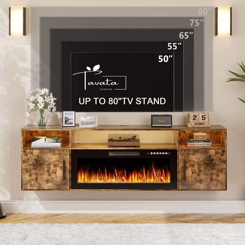 BOSSIN 70" Floating TV Stand with 36" Electric Fireplace, High Gloss Finish Wall Mounted Fireplace TV Stand with Storage