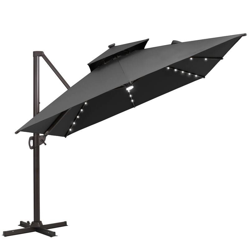 Solar LED Light 9 x 11FT Rectangular Outdoor Cantilever Patio Daul Top Umbrella without Base - Black