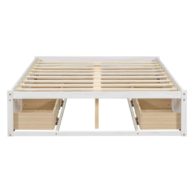 Queen Size Platform Bed Frame with 6 Built-In Storage Drawers, No Headboard, Low Profile Design in Antique