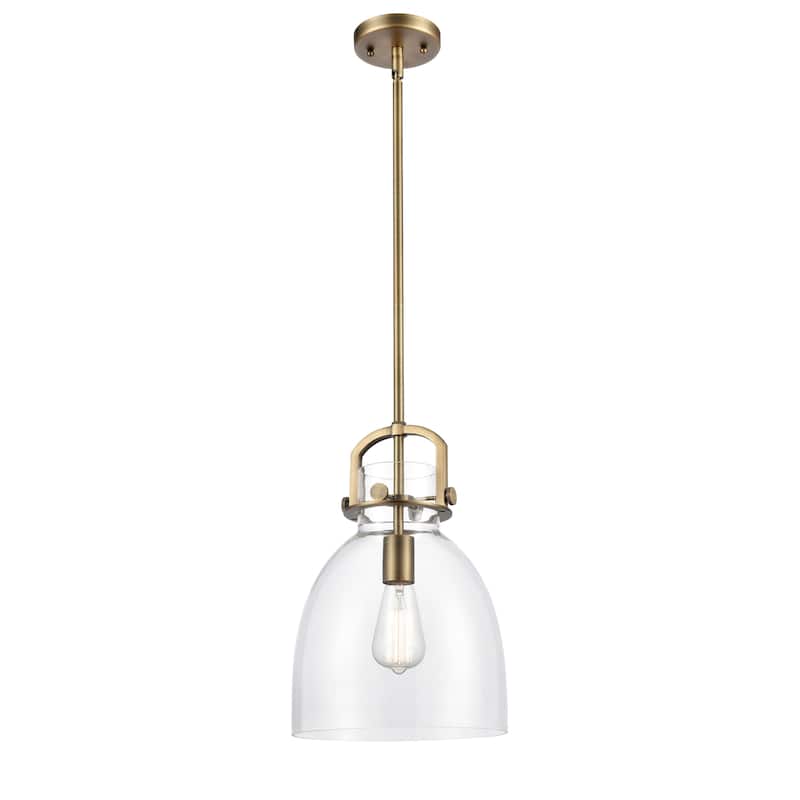 Innovations Lighting Newton Bell - 1 Light 10" Stem Hung Pendant - Clear/Brushed Brass