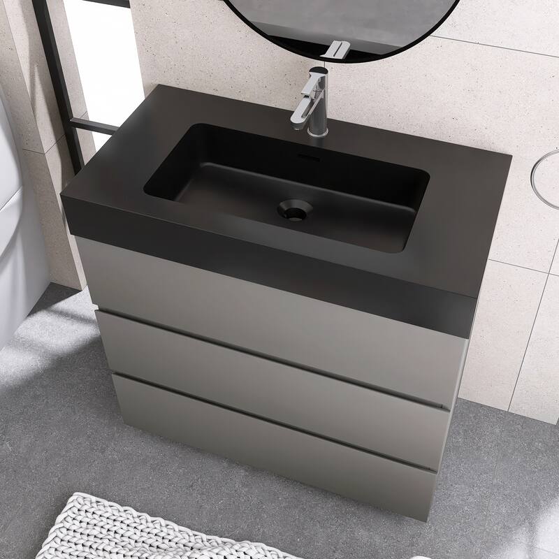 Freestanding Bathroom Vanity with Black Solid Surface Top