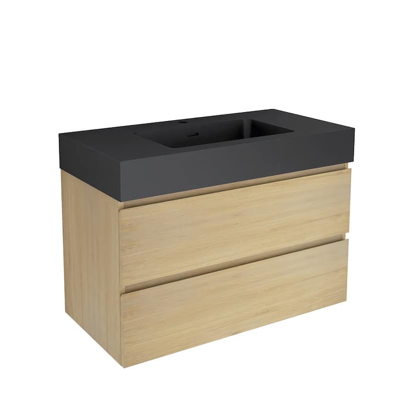 Floating Bathroom Vanity with Black Solid Surface Top