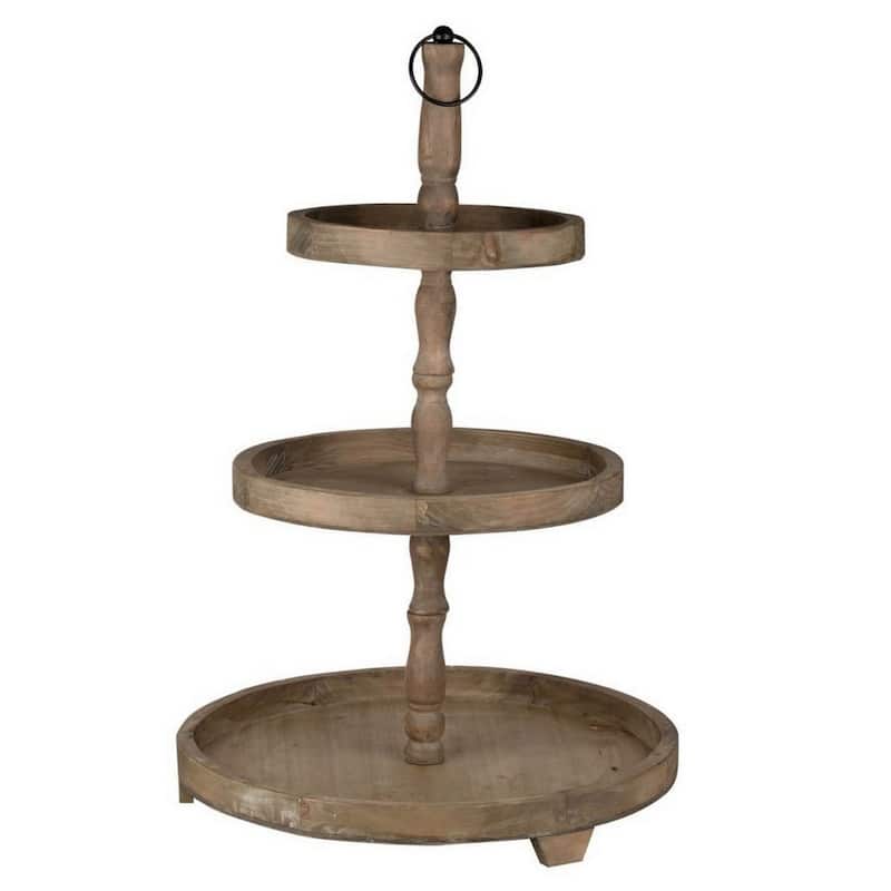 Zia 30 Inch 3 Tier Serving Tray, Flat Round Plates, Brown Fir Wood Finish