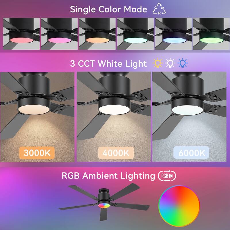 52-Inch Matte Black Flush Mount Ceiling Fan with RGB LED Light and Remote