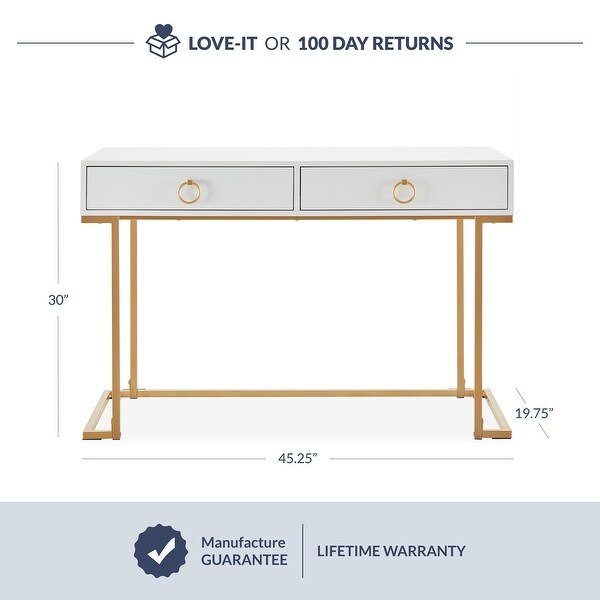 BELLEZE 2-Drawer Computer Desk Table, Wood & Metal, White & Gold - standard
