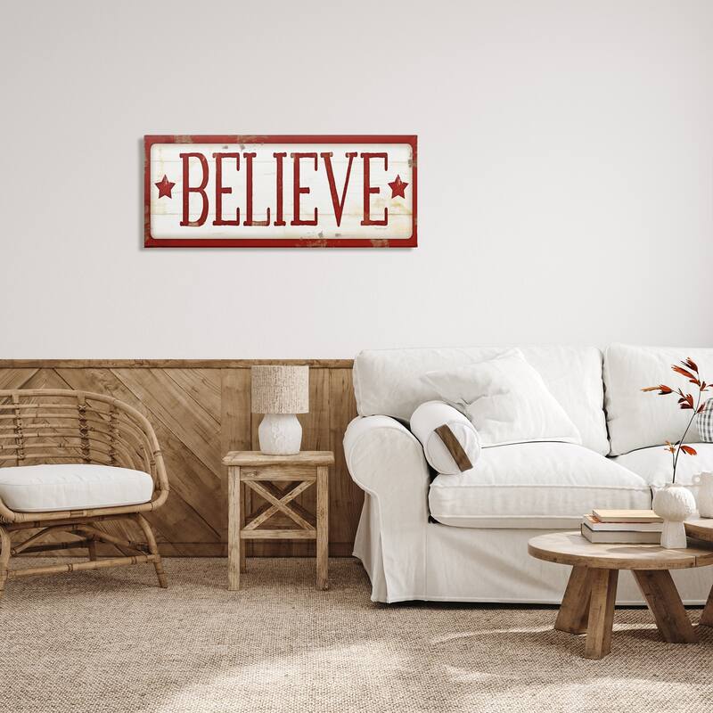 Stupell Believe Sign Red Christmas Holiday Word Design Canvas Wall Art, Proudly Made in USA
