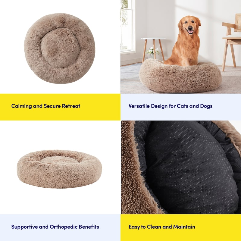 Round Calming Soft Warm Shaggy Plush Faux Fur Donut Pet Dog Cat Sleeping Bed