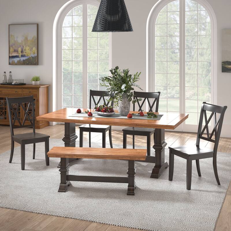 Ronda 78.7" Rectangular Solid Wood Top Dining Set with X-Back Chairs - Antique Black Table - Antique Black Chairs and Bench
