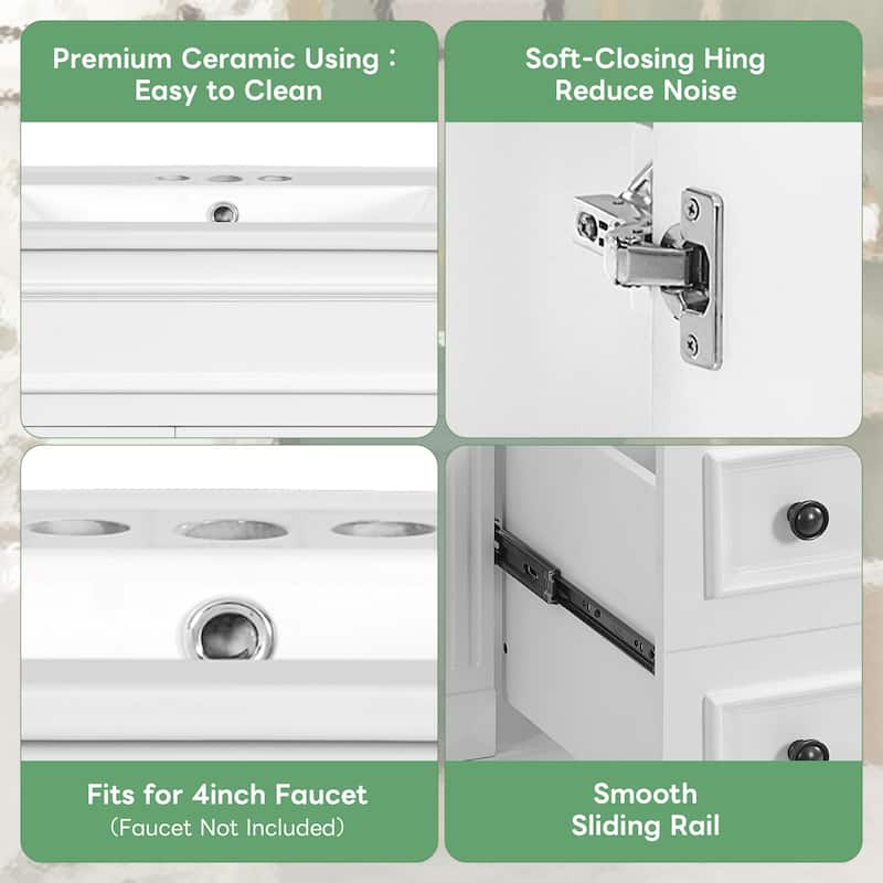 24" Bathroom Vanity with Ceramic Sink Bathroom Storage Cabinet with 2 Drawers and Adjustable Shelf